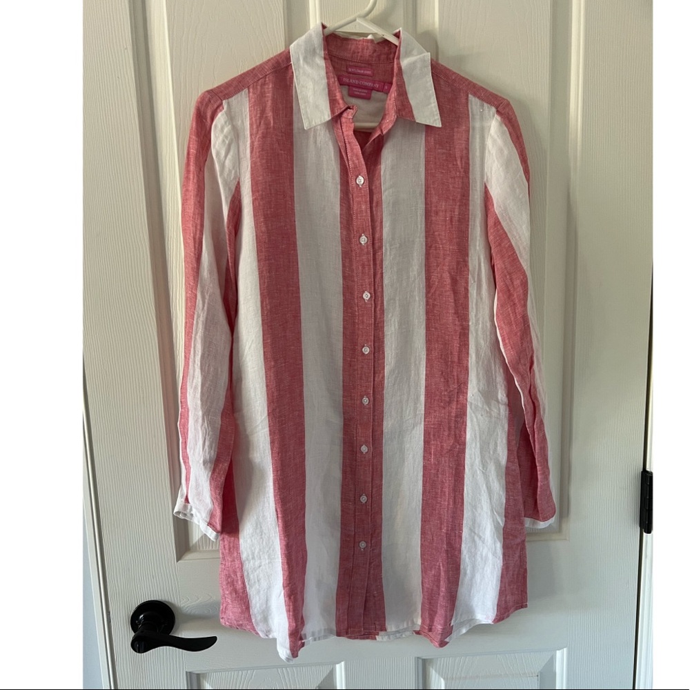 NWT Island Company 100% linen oversized shirt pinkish/red & white stripes